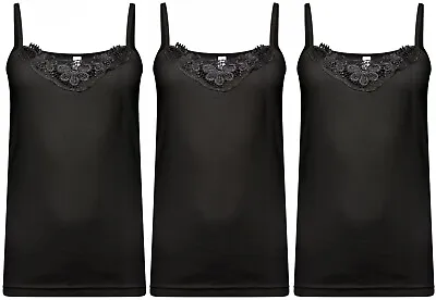 Pack Of 3 Black Stretch Cotton Vest Lace Trim Camisole Tank Ladies Top Lot Of 3 • £11.66