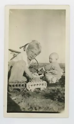 $28 • Buy 1920's KIDS W/ IRON TOY TRAIN CARS & TRICYCLE SNAPSHOT PHOTO 4 1/2 X 2 9/16 In.