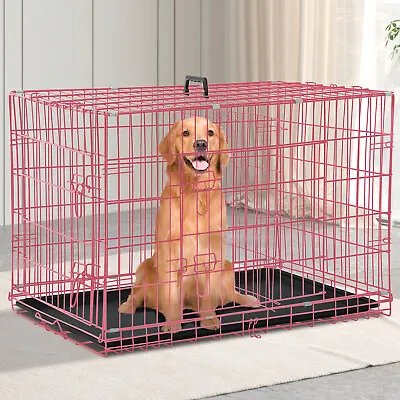 $90.99 • Buy 48 Inch Dog Crate Kennel Folding Pet Cage Metal W/2 Doors &Tray Pink For XL XXL