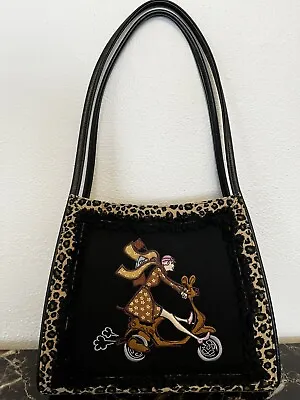 VINTAGE Purse Gibson Girl On Scooter Leopard Print. Black Accent Lace. FABULOUS! • $48.75