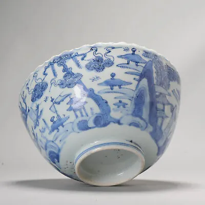 Antique Ming Jiajing Wanlid Blue White 'River LANDSCAPE' Bowl Chinese  Cranes • $25998