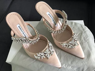 Manolo Blahnik Lurum Blush 90mm Embellished Heels - Size 37 • $450