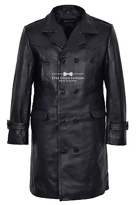 Men's GERMAN PEA COAT Black Military Reefer Genuine Cowhide Leather Coat U-BOAT • $200.04