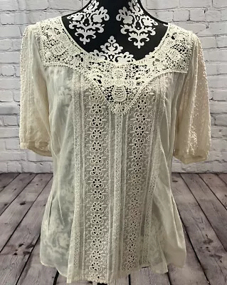 Johnny Was 4 Love And Liberty Beige Silk Cotton Blend Laced Sheer Boho Blouse S • $70