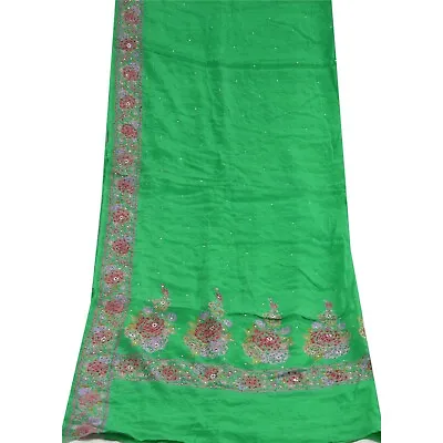 Sanskriti Vintage Dupatta Long Stole Pure Silk Green Hand Beaded Wrap Scarves • $27.38