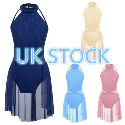 UK Girls Sleeveless Halter Neck Lace Floral Leotard Skirts Lyrical Dance Dress  • £14.66