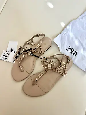 Zara Beige Metallic Gold Studded Wrap Around Gladiator Sandals Size US 5 NEW • $30