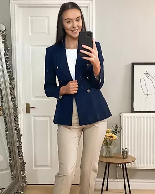 ZARA FITTED DOUBLE-BREASTED BLAZER Navy NEW SS22 SIZE L • £55