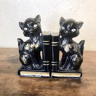 1950's VINTAGE BLACK CAT Kittens BOOKENDS PEN HOLDER GOLD ACCENT MADE IN JAPAN • $28.44