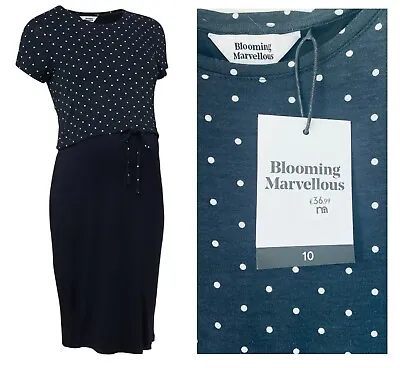 £12.99 • Buy Mothercare Nursing Maternity Dress Navy Polka Dot Black Feeding Summer Midi BNWT
