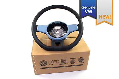 Genuine VW Mk1 Mk2 Beetle Black Leather Flat Bottom Steering Wheel Blue Trim • $69.95