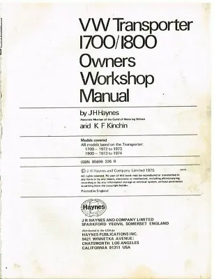 Vw Transporter T2 Bay Window 1700 & 1800 (1972-74) Owners Workshop Manual • $19.34