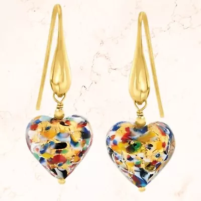 Italian Multicolored Murano Glass Puffy Heart Earrings 18kt Gold Vermeil NWT • $60.60