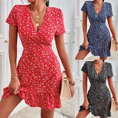Womens Summer Beach Boho Sun Dress Ladies Holiday V Neck Mini Dresses Size 8-18 • £9.99