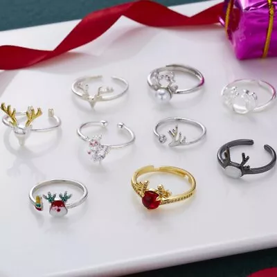 Christmas Elk Deer Snowflake Enamel Finger Opened Ring Women Adjustable Jewelry • $1.10