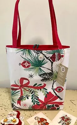 NEW Christmas Ornaments Red Bows Vintage Tablecloth Tote Gift Shopping Gift Bag  • $40