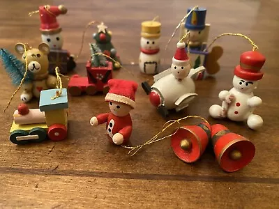 Christmas Mini Ornaments Wood Santa Plane Train Snowman Bell Mixed Lot Of 11 A36 • $17.99