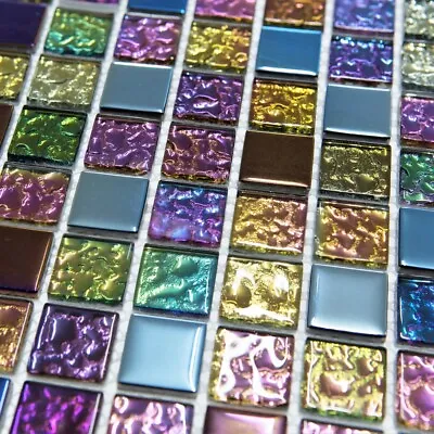 Mosaic Tile Sheet Iridescent Mix Glass Square Walls Floors Bathrooms Kitchens • £14.90