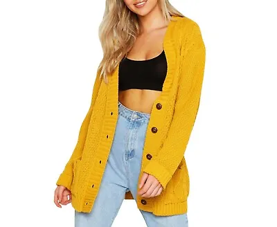 Womens Cardigan Chunky Cable Knit Plus Size DAISY Button Long Sleeves Grandad UK • £12.95