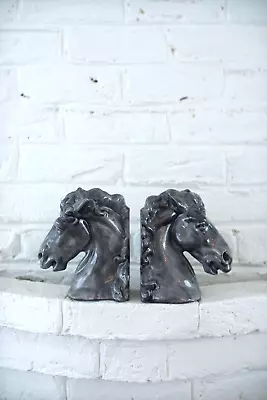 VTG Signed Alberta's Ceramic Horse Stallion Head Bookends Glazed Dark Gray • $29.99