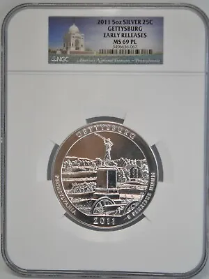 2011 5 OZ Gettysburg Silver 25C NGC MS69 PL Early Releases America The Beautiful • $249.99