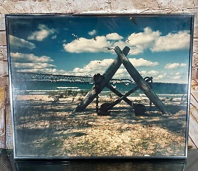 Vintage 70’s Photo MACKINAC BRIDGE Framed Straits Up-North Cabin Michigan Beach • $47.02