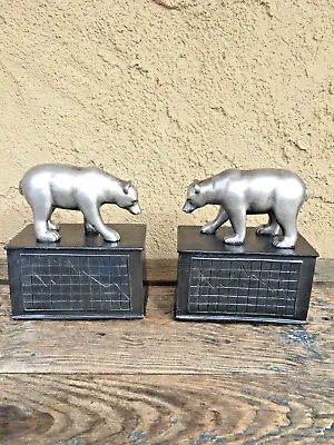 2-pc Bookend Set Wall Street Stock Market Bears On Graphite Black Color Bases • $39.95