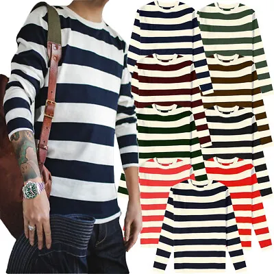 Mens Long Sleeve Stripe T-Shirt New Casual Classic Fit Crew Round Neck Tee Tops • £6.96