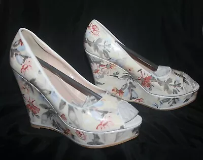 BNIB White Floral Peep-toe Platform Wedge Heel Sandal Shoe 50s Pinup UK 4 EU 37 • £12