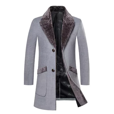 Mens Coat Thickened Faux Fur Collar Mid-length Button Slim Plus Size Winter Warm • $57.76