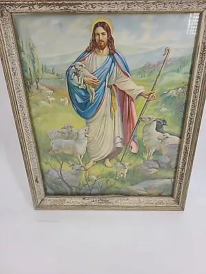 VTG Jesus The Shepherd Lamb Black Sheep Staff Art Print Framed MCM Litho Holy • $169.99