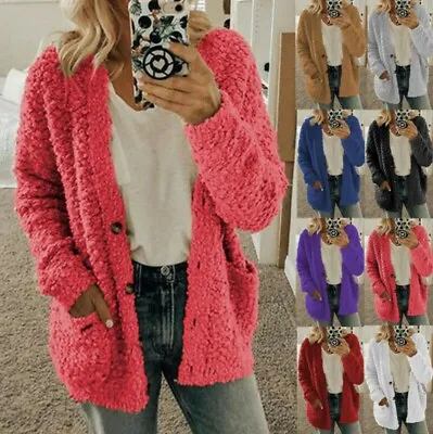 Womens Warm Teddy Bear Fluffy Coat Ladies Fleece Button Jacket Winter Outwear • £12.99