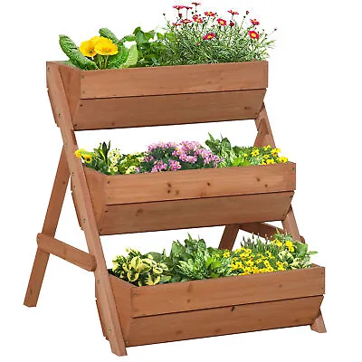 Outsunny 3 Tier Raised Garden Bed Wooden Elevated Planter Box Kit Brown • £51.99