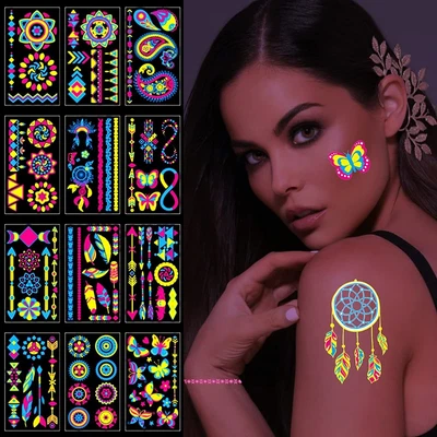 £7.59 • Buy 10 Sheets Neon Face Paints Glow In Dark Temporary Tattoos For Kids Women Face
