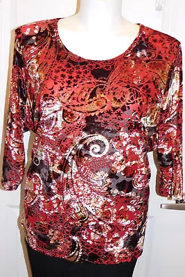 2X Catherines Women Plus Size Red Black Brown Paisley Stretch Velvet Top EUC • £8.66