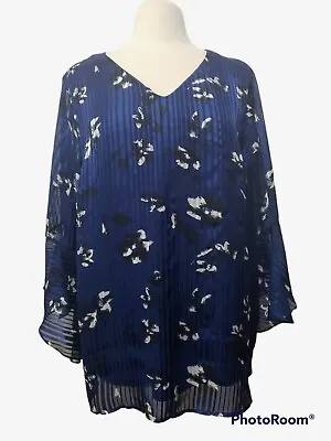 $17.68 • Buy IN Studio Womens 1X Blouse Top  Tunic Blue Black Floral Accordian Pleat Bell SL