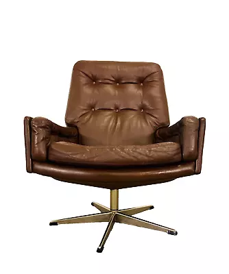 Vintage Danish Mid-century Brown Leather Svend Skipper Swivel Chair 1969 • £695