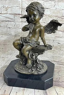 Putti Cherub Pan Flute Musician Artist Angel Bronze Marble Statue Music Room • $299