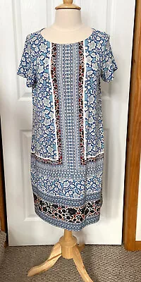 J JILL Dress Womens M Blue Floral Shift SheathStretch Floral Short Sleeve Casual • $19.99