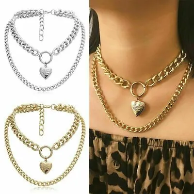 Double Layer Necklace Choker Metal Heart Pendant Chunky Punk Thick Chain Jewelry • £2.99