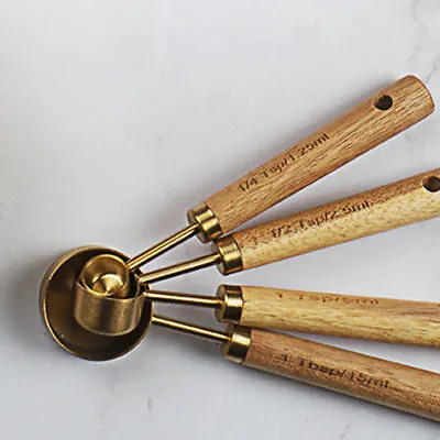 £10.97 • Buy Gold Measuring Cups And Spoons Set Wooden Handle Measuring Cups And Measuring