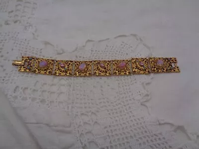 Vintage Gold Tone FAUX OPAL CABOCHON & Rhinestone FILIGREE BRACELET • $38