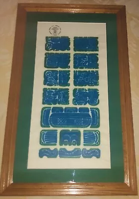 Painting Of The Mayan Calender Framed In Oak Green And Blue 28x17 In • $45