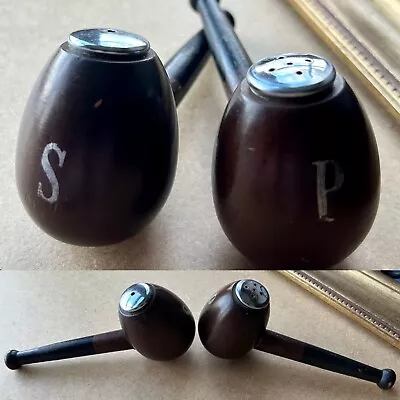 Vintage Wooden Salt + Pepper Pots Novelty Pipe Design 1930s German Origin • £26