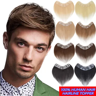 Natural Mens Toupee Human Hair Forehead Hairline Topper Hairpiece Thin Skin PU • £5.99