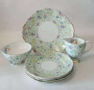 EB FOLEY Bone China Cake Plate Set Mint Green With Flowers Made In England • $49