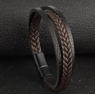 £4.29 • Buy Men's Leather Bracelet Magnetic Clasp Bangle Brown