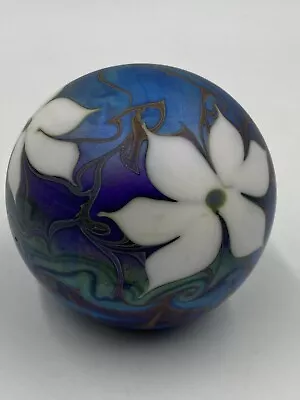1979 Vandermark Art Glass Paperweight Iridescent Blue Swirls Vine White Flowers • $155