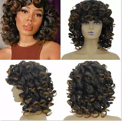 Women Curly Afro Wigs Short Black Brown Highlights Wig With Bangs Party Costume • $17.85