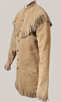 Men Traditional Western Wear Cowboy Suede Leather Long Coat With Fringes • $189.99